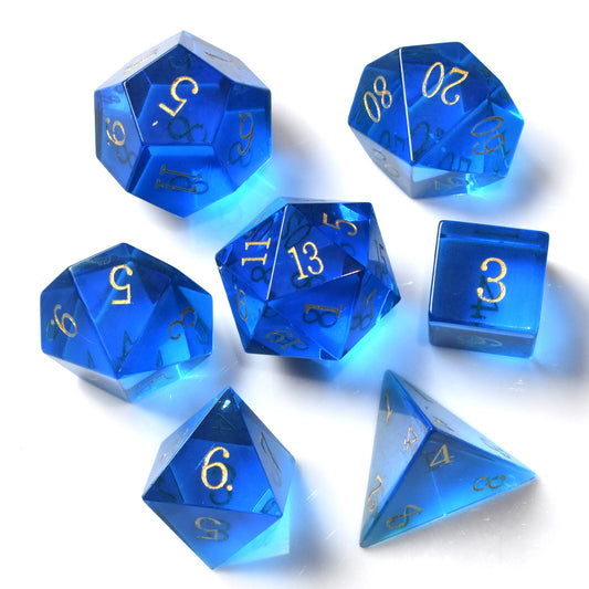 Blue glass gemstone dice set