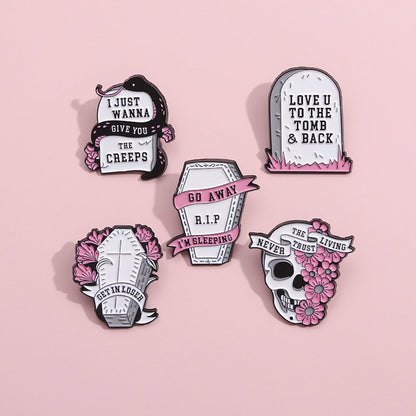 Pink skull gravestone halloween enamel pin
